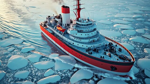 Red icebreaker navigating arctic ocean, aerial view of ship floating in cold water with ice and snow, theme of Northern Sea Route