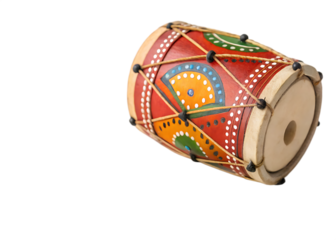Hand painted musical instrument with vibrant colors and intricate patterns isolated on a transparent background