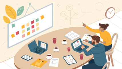 Two colleagues collaborate in a modern office, planning ideas on a whiteboard with laptops and coffee. Ideal for business, teamwork, and productivity concepts.