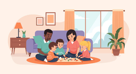 A diverse family enjoys quality time at home, happily playing a board game on the living room floor. Represents family bonding, childhood, and leisure.