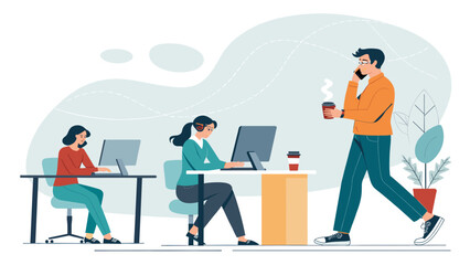 Productive office environment with professionals working on computers and communicating. Represents modern work, collaboration, and busy corporate life.