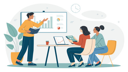 Business professional presenting data and insights to colleagues in a modern meeting. Ideal for teamwork, training, and strategic planning concepts.