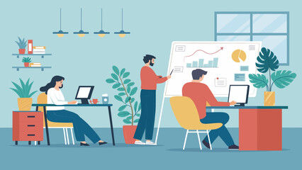 Modern office scene with diverse team collaborating on business growth and strategy. Ideal for concepts of teamwork, productivity, and professional development.