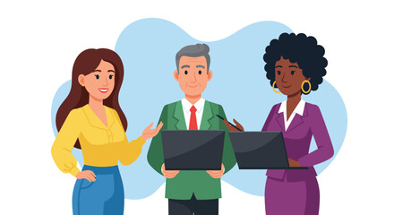 Diverse business professionals collaborating with laptops, embodying teamwork, modern technology, and successful corporate strategy.