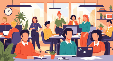 A lively, modern office bustling with diverse professionals collaborating and working efficiently, showcasing productivity and teamwork in a bright, contemporary workspace.