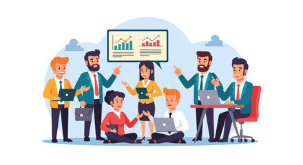 A diverse business team collaborates on a project, analyzing data and discussing strategy. Ideal for concepts of teamwork, meeting, and professional development.