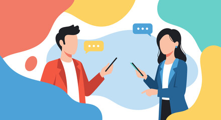 Two people engaging in digital communication with smartphones and chat bubbles on a colorful abstract background. Concept for online networking, business, or modern interaction.