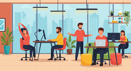 A vibrant, modern open-plan office with diverse professionals collaborating and working on computers, emphasizing productivity and a dynamic work environment.