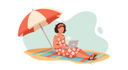 A woman enjoys working remotely on her laptop under a beach umbrella, combining vacation leisure with productivity. Ideal for digital nomad concepts.