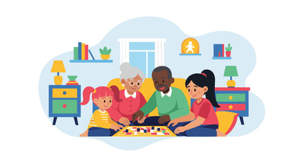 Happy family generations play a board game at home, fostering joy, connection, and quality time. Ideal for lifestyle, education, and elder care concepts.