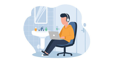 Person focused on laptop with headphones, working remotely from an unconventional space like a bathroom, symbolizing flexible work or modern challenges.