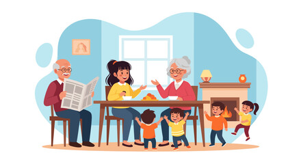 Multi-generational family enjoying a warm, happy moment at home. Grandparents, mother, and kids share joyful daily life, embodying family values.