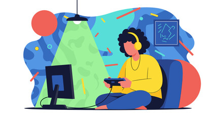 Person enjoys playing video games at home, wearing headphones for immersive entertainment. Ideal for lifestyle, technology, and leisure concepts.