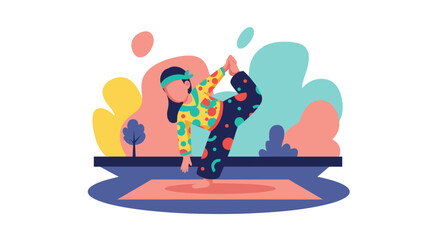 Vibrant illustration of a person practicing yoga outdoors, demonstrating balance and flexibility. Ideal for themes of wellness, active lifestyle, and mental well-being.