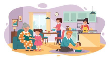 Happy multi-generational family enjoying quality time at home. Diverse family members bond, read, and cook, showcasing joyful domestic life and togetherness.