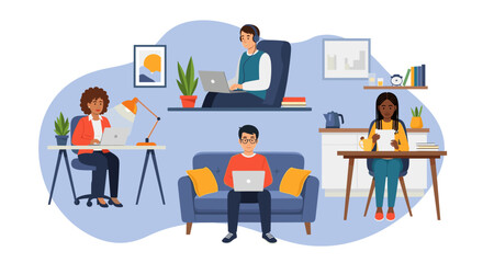 Diverse individuals working remotely from various home settings, illustrating flexible modern work arrangements and digital productivity for business and lifestyle.