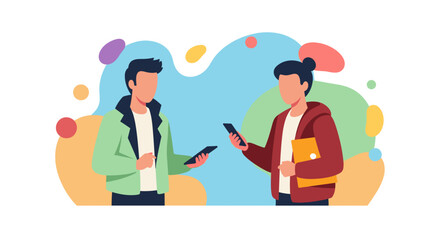 Two people exchanging information digitally with smartphones and a folder. Modern communication, collaboration, and lifestyle concept.
