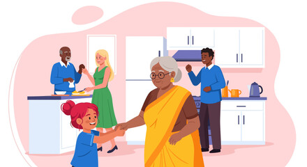 Multi-generational family happily interacting in a modern kitchen. Represents togetherness, support, and a cheerful home lifestyle.