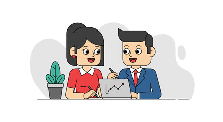 Two cheerful business colleagues analyzing data on a laptop, symbolizing teamwork, financial growth, and successful strategy development.