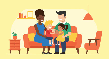 Happy diverse family with two children sitting on a sofa at home, embracing and smiling, symbolizing love, togetherness, and parental care.