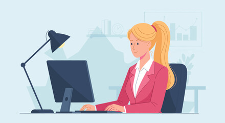 Professional businesswoman focused on work at her desk. Ideal for concepts of productivity, digital work, remote office, and online education.