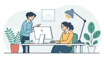 Two colleagues collaborate on a computer project in a modern office, highlighting teamwork, productivity, and professional discussion.