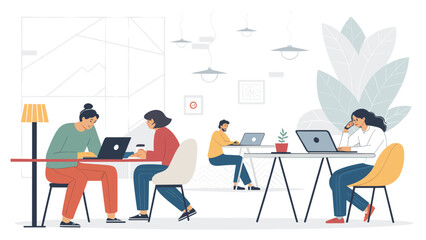 Diverse professionals working productively on laptops in a modern, vibrant co-working space, emphasizing teamwork and remote work flexibility.