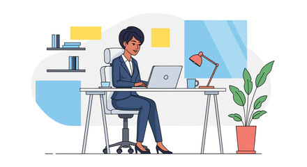 Professional woman focused on her laptop at a modern office desk. Ideal for concepts of remote work, business productivity, and career success.