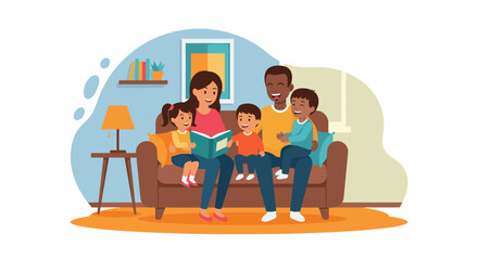 Happy multi-ethnic family reading a book together on a sofa at home, enjoying quality time. Perfect for concepts of parenting, education, and childhood.
