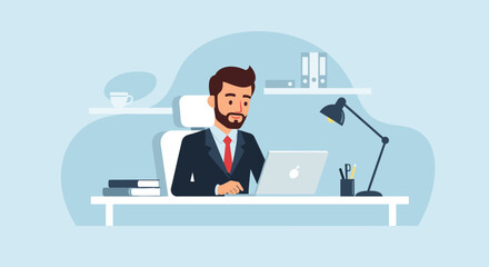 Professional man working on laptop at modern office desk. Represents remote work, business productivity, and digital lifestyle concepts.