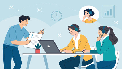 Team collaborating in a modern office, showcasing efficient communication and support. Ideal for business, customer service, or project management concepts.