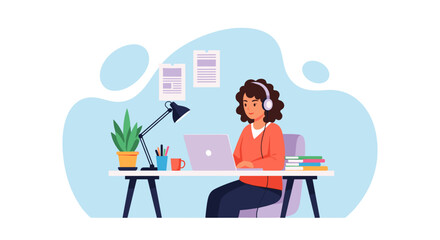 Smiling woman in headphones working remotely on a laptop at her desk, surrounded by office essentials. Ideal for concepts of work from home, online education, and digital lifestyle.