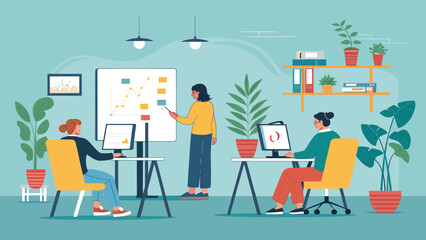Three professional women collaborating in a modern office. One presents data on a whiteboard, while others work on computers, illustrating teamwork and business productivity.