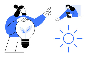 Female figure holding a lightbulb with a leaf, pointing forward a smaller figure takes notes radiating sun. Ideal for innovation, creativity, growth, sustainability, teamwork, education, simple