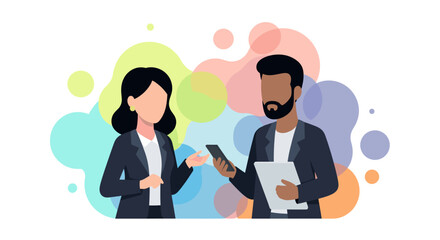 Two diverse business professionals collaborate, sharing ideas and technology in a modern, vibrant setting. Ideal for corporate communication or teamwork concepts.