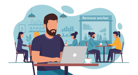 Bearded man working remotely on a laptop in a busy co-working cafe, illustrating modern flexible work and digital nomad lifestyle.