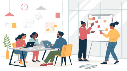 Diverse business team collaborating in a modern office, engaged in a productive meeting with laptops and a whiteboard. Ideal for corporate and startup themes.