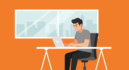 Man diligently working on laptop at modern office desk with city skyline view. Illustrates focus, productivity, and remote work or corporate environment.