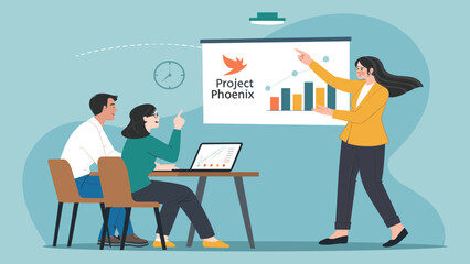 Business team collaborating on Project Phoenix. A woman presents data visuals on a screen, while colleagues work on laptops, depicting teamwork and progress.