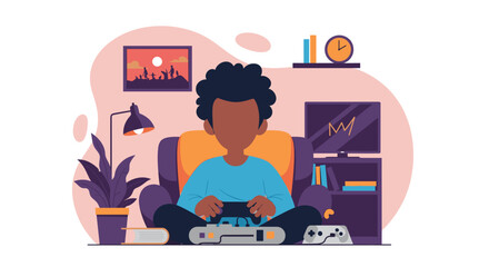 Young person enjoying video games in a cozy living room, illustrating modern leisure, digital entertainment, and relaxation at home.