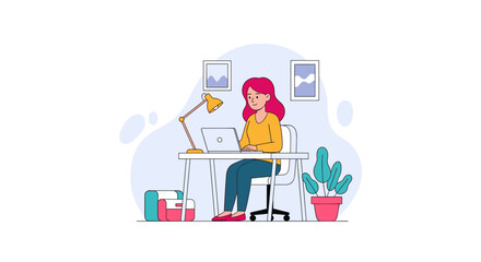 Smiling woman working remotely on laptop at her home desk, representing online education, telecommuting, and productive independent work.