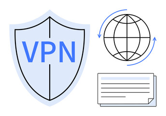 Shield with VPN text, globe with arrows, document stack illustrating cybersecurity, anonymous browsing, data encryption, network protection, secure communication, web access, simple flat metaphor