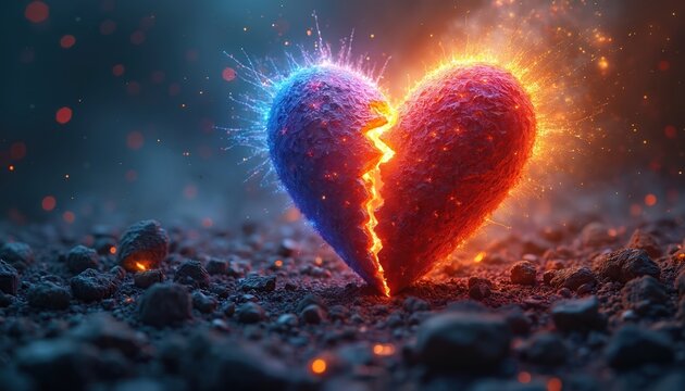 Digital artwork features fractured heart with glowing red, blue, yellow shards suspended in space. Flowing light patterns connect parts, emotional energy, brokenness, healing process. Abstract