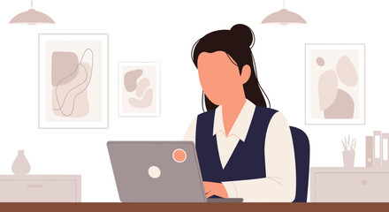 Professional woman working on a laptop in a modern office, representing productivity, remote work, and business concepts. Ideal for technology, freelance, and corporate themes.