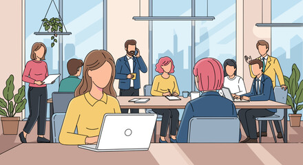 Diverse professionals collaborate in a vibrant, modern office, engaged in teamwork and individual tasks, symbolizing productivity and successful business operations.