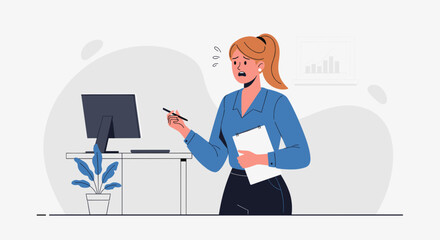 Overwhelmed businesswoman stressed at work, facing financial challenges or heavy workload in an office. Depicts concepts of pressure, failure, and frustration.