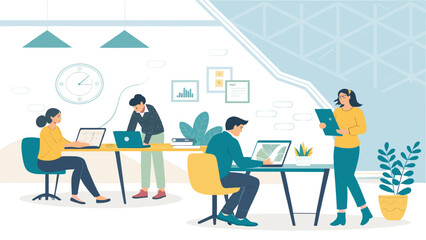 Diverse team collaborating in a modern office, showcasing productivity, teamwork, and a dynamic work environment. Ideal for business and technology themes.