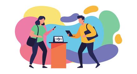 Modern individuals engage with digital technology for convenient transactions, illustrating cashless payments, smart service, and mobile connectivity.