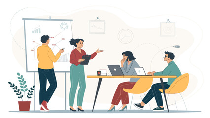 Business professionals collaborate in a modern office, analyzing data and discussing strategy during a team presentation. Ideal for corporate planning.