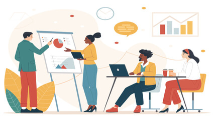 Diverse business team collaborating in an office, analyzing data and presenting strategies. Ideal for corporate meetings, teamwork, and financial concepts.